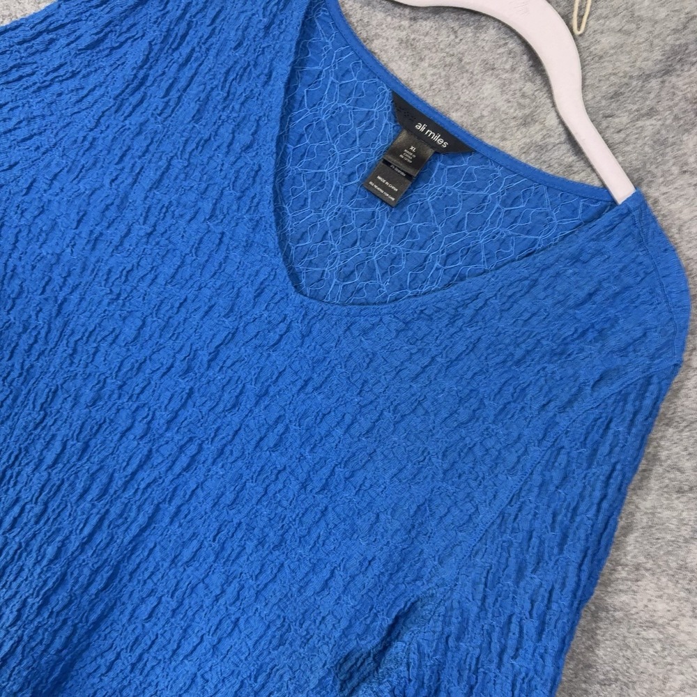 Ali Miles Tunic Blouse Womens Sz XL Cobalt Blue Textured Roll Tab Stretch